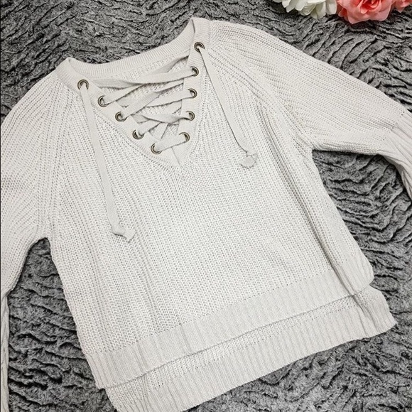 Gray Lace Up Sweater - Picture 4 of 6