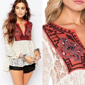 Free People Casablanca Embroidered Lace Blouse