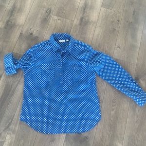 Women's blue and white polka dot button down