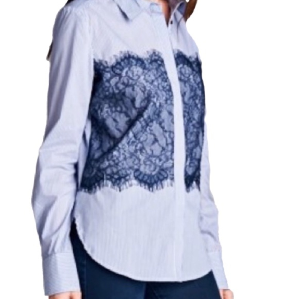 Ladies Pinstripe and Lace Button Down Shirt