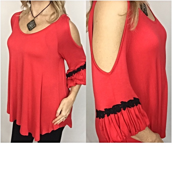 Fun flirty flowy cold shoulder Tunic Top M/L - Picture 2 of 4