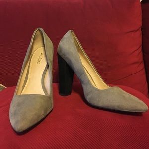 Aldo Gray Suede Chunky Black Heels