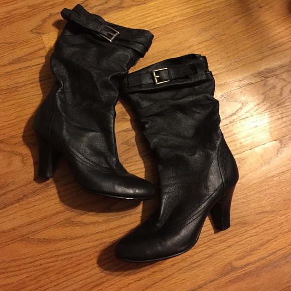 Black leather slouch boots