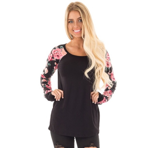 NEW Black Top with Floral Print Sleeves - Picture 1 of 2