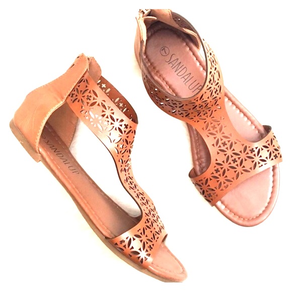 Brown cognac gladiator laser cut sandals