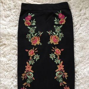 Mustard Seed Embroidered Pencil Midi Skirt