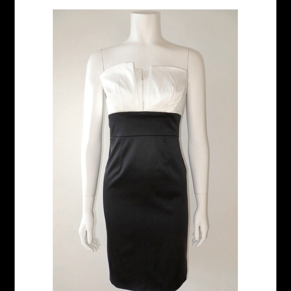 Stretch satin black/white strapless party dress