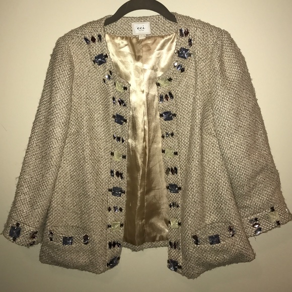Tan Jeweled Tweed Blazer