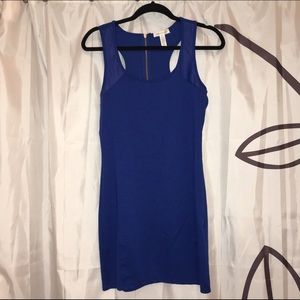 Royal blue cocktail dress with leather accent