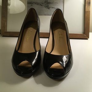 Patent leather peep toe heels