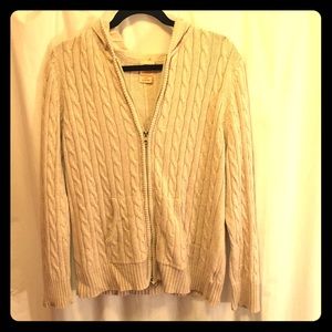 Tan cable knit zip-up hooded cardigan