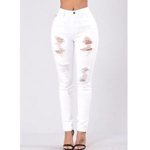 High-waisted Distressed White Jeans