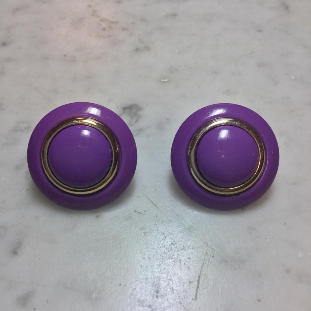 Vintage 1980s Round Button Purple Gold Clip On Earrings