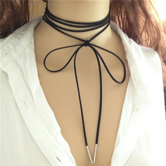 Wrap-Around Suede Bow Tie Choker in Black - Picture 2 of 6