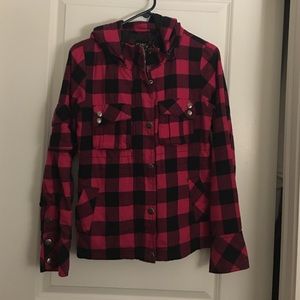 Red and Black Plaid O'Neil Zip Up Hooded Jacket