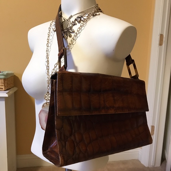 Furla  croc embossed brown leather shoulder bag