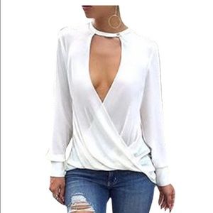 Chiffon white deep plunge top