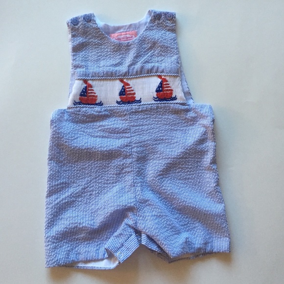 Seersucker smocked sailboat shortall coverall