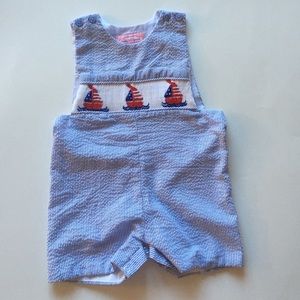 Seersucker smocked sailboat shortall coverall
