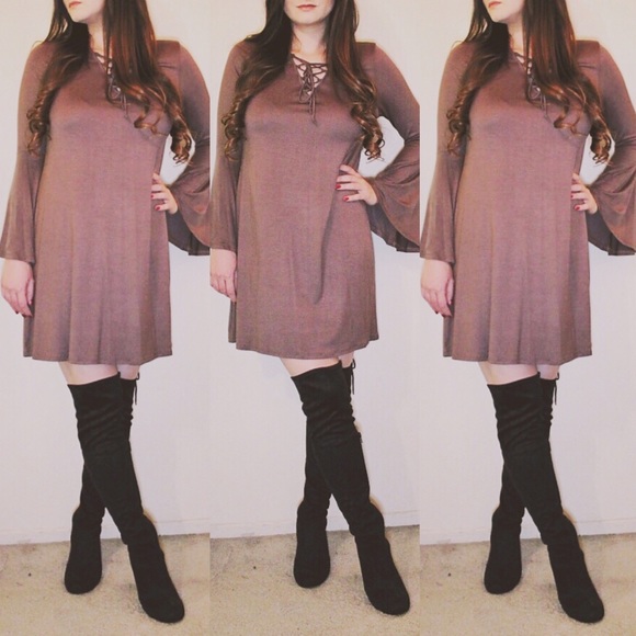 Taupe Bell-Sleeve Lace Up Dress (PRICE FIRM) - Picture 2 of 4