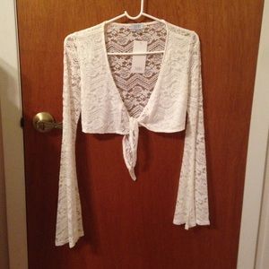 Tobi Tie-front Crop Top, White Lace, Bell Sleeve