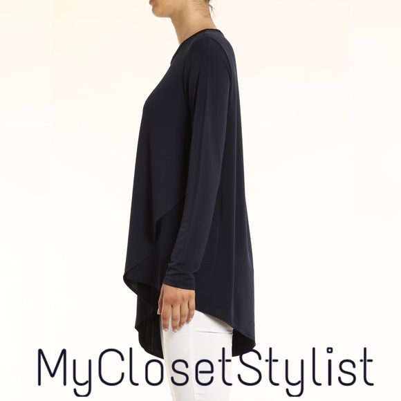 Donna Karan Asymmetrical Silky Tunic Top midnight blue NWT XS/S petite $249 - Picture 2 of 3