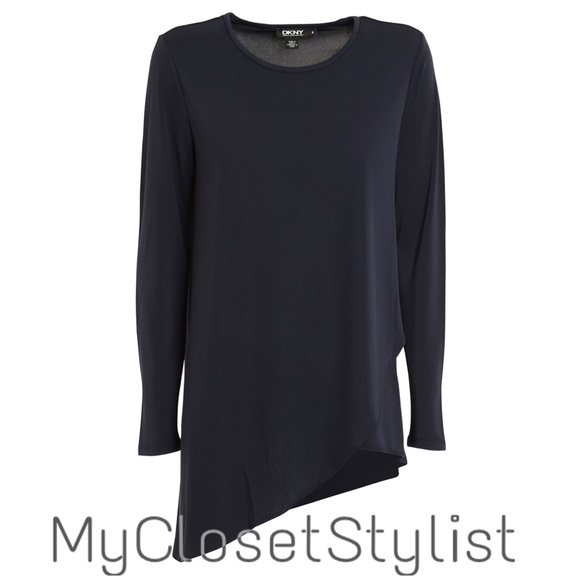 Donna Karan Asymmetrical Silky Tunic Top midnight blue NWT XS/S petite $249 - Picture 3 of 3