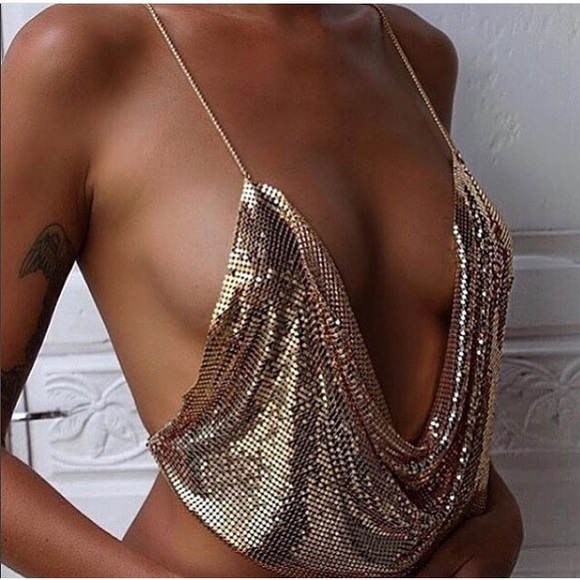 NEW! Gold Metal Mesh Halter Top - Picture 3 of 5