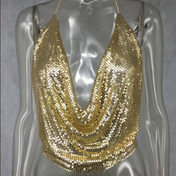 NEW! Gold Metal Mesh Halter Top - Picture 4 of 5