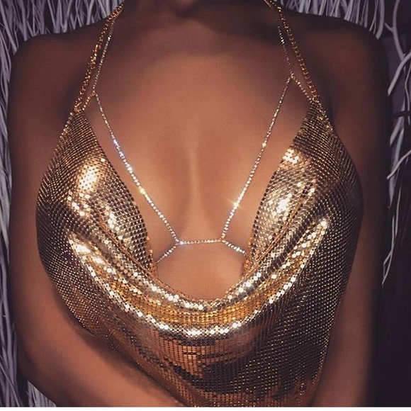 NEW! Gold Metal Mesh Halter Top - Picture 2 of 5