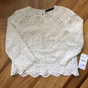 Zara eyelet top with scallop sleeve/hem detail