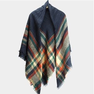 Plaid Check Square Blanket Scarf - Navy & Orange