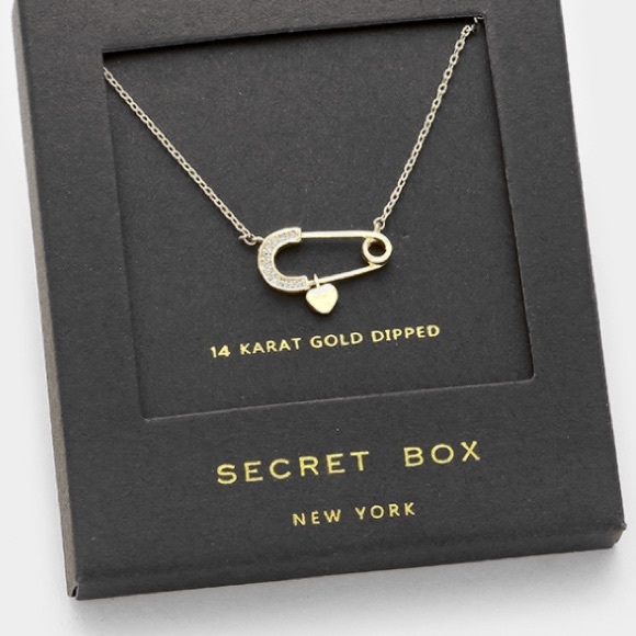 Gold/Crystal Safety Pin & Heart Charm Necklace