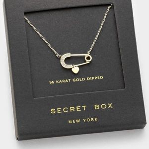 Gold/Crystal Safety Pin & Heart Charm Necklace