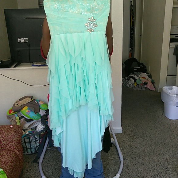Mint green and gold high low dress