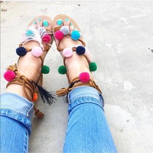 Pom Pom, Multi Colored, Tie Up Sandals