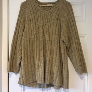 Long, color flecked v neck cable sweater