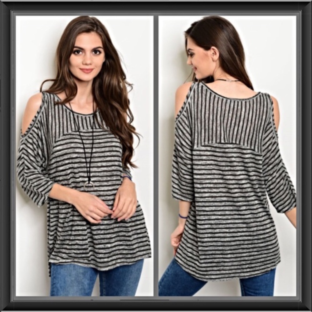Striped Cold Shoulder Tunic Top SM - Picture 3 of 5