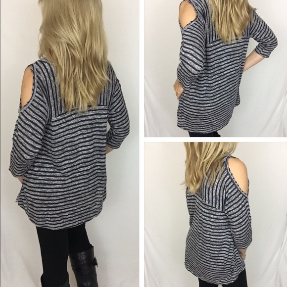 Striped Cold Shoulder Tunic Top SM - Picture 4 of 5