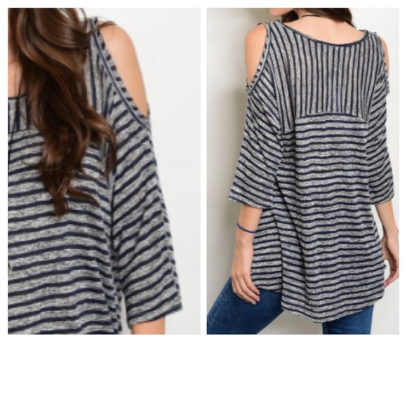 Striped Cold Shoulder Tunic Top SM - Picture 5 of 5