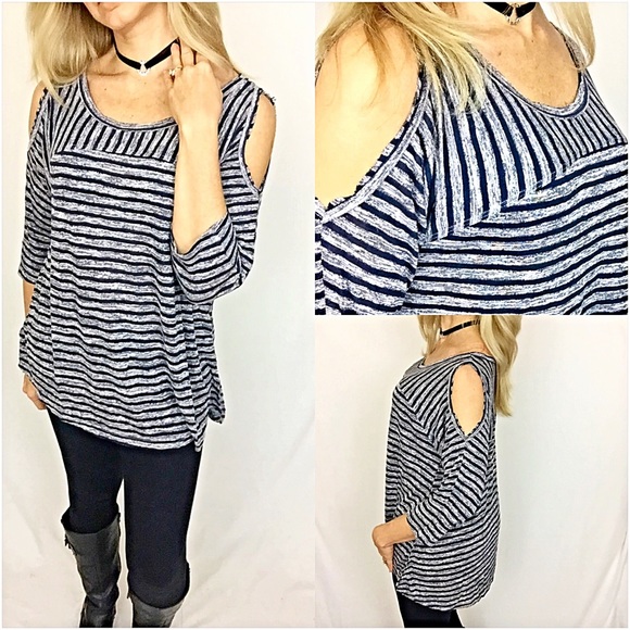 Striped Cold Shoulder Tunic Top SM - Picture 2 of 5