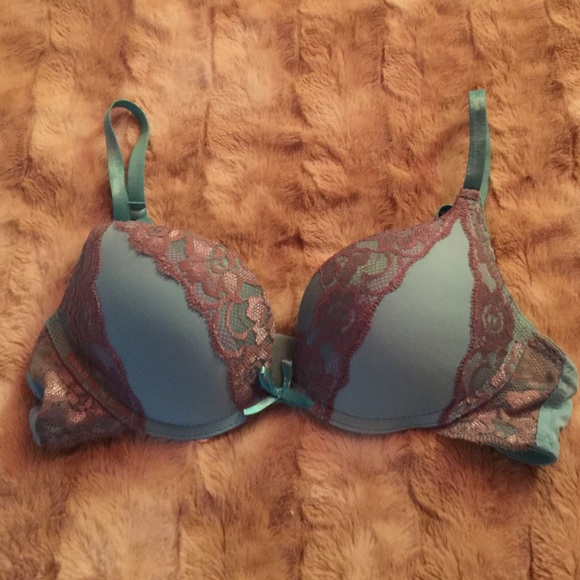 Teal and grey lace bra