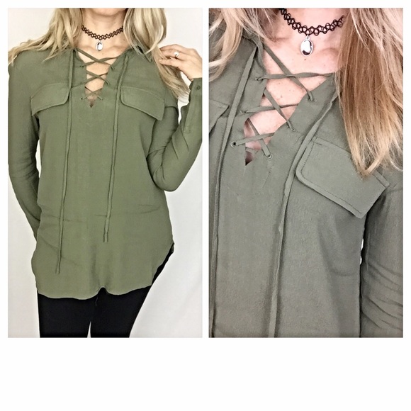 Lovely Trendy Lace Up Blouse Olive Small sold - Picture 3 of 4
