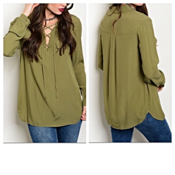Lovely Trendy Lace Up Blouse Olive Small sold - Picture 4 of 4