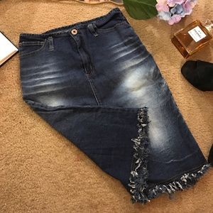 Denim Knee Length Skirt w Fade n Distress Raw Edge