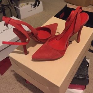 Aldo- RISE red ankle strap suede heels