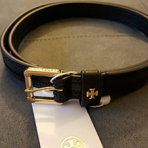 SOLD~~Tory Burch-Black Skinny Brogue Leather Belt