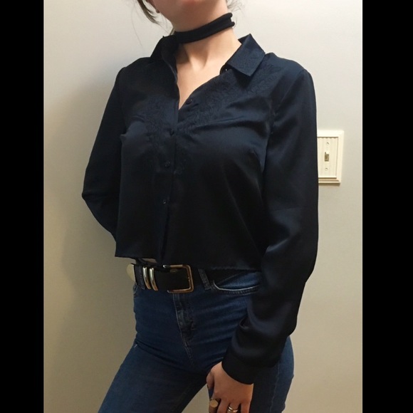 LAST CHANCE! Cropped Silk Blouse Embroidery Detail