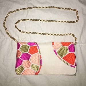 Brightly Embroidered Clutch with Gold Chain