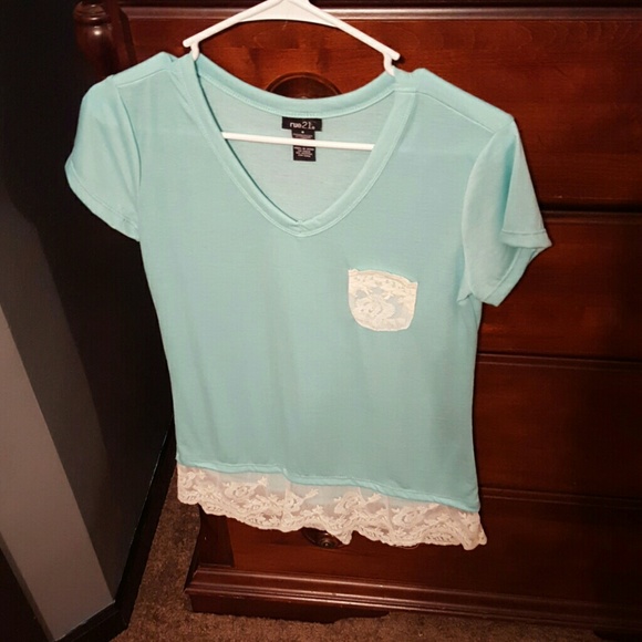 Sky blue, lace shirt.